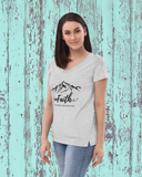 Faith Can Move Mountains Scripture V-Neck Short Sleeve Graphic Print Tee